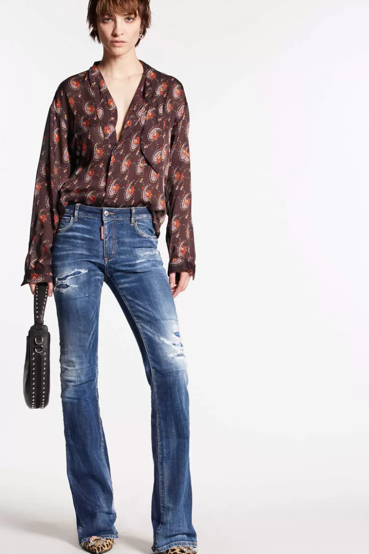 Dsquared2 Dark Ripped Wash Medium Waist Flare Jean>Donna Jeans