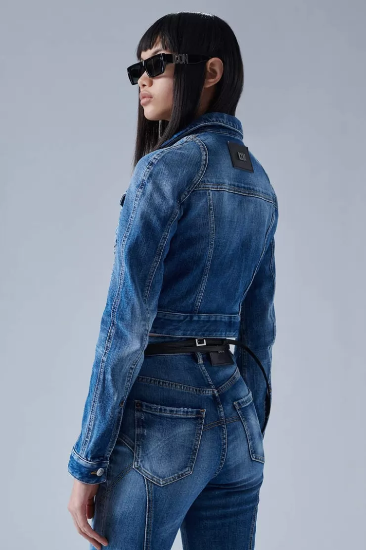 Dsquared2 Icon Medium Wash Denim Jacket>Donna Cappotti & Giubbotti